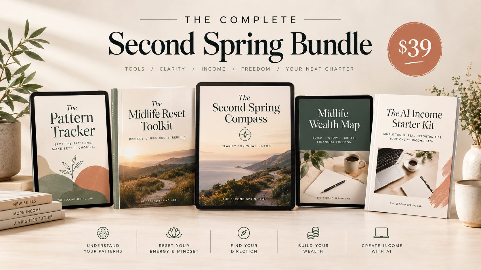 The Complete Second Spring Bundle: Midlife Wealth Map, AI Income Starter Kit, Second Spring Compass, Pattern Tracker and Midlife Reset Toolkit